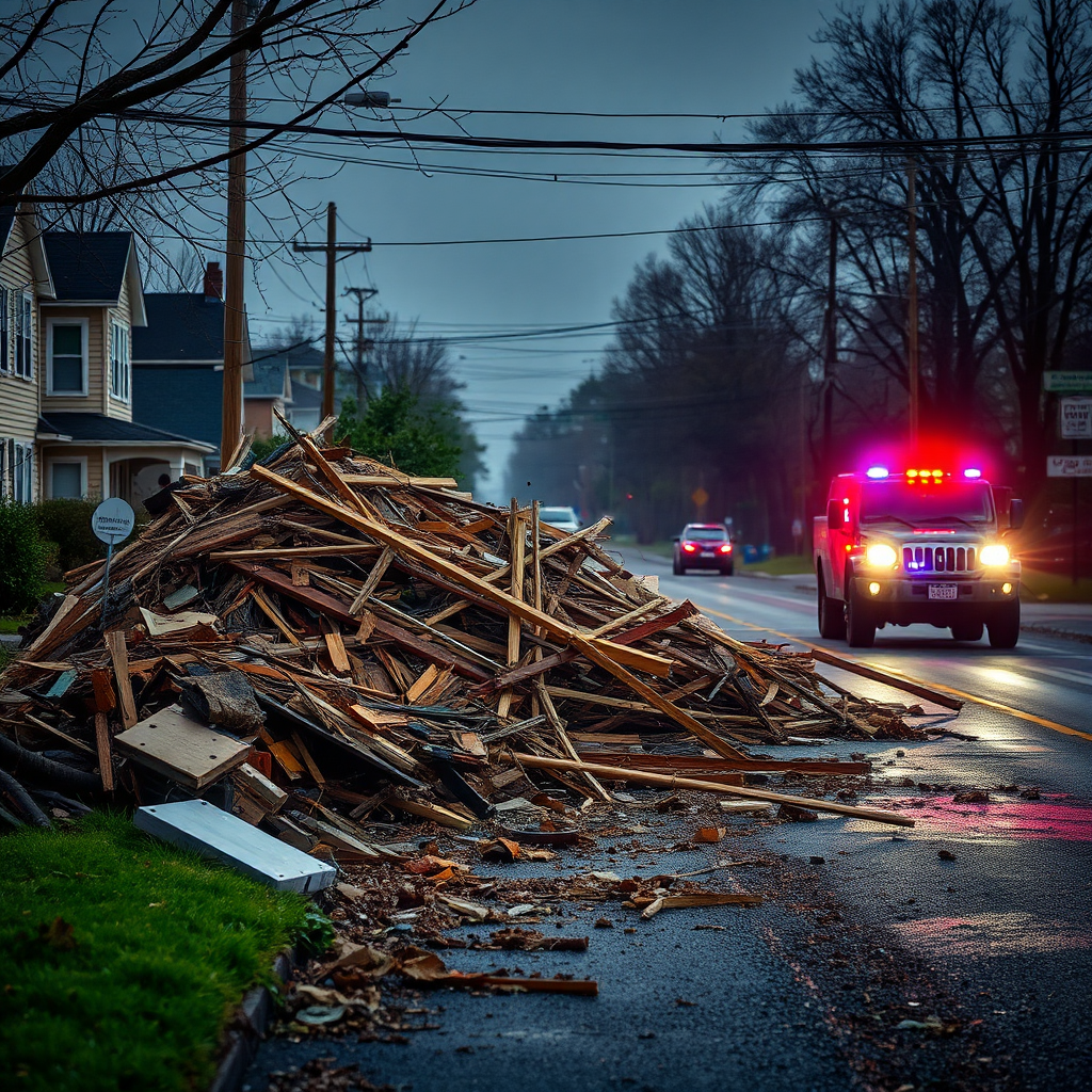 Neighborhood debris cleanup after a tornado