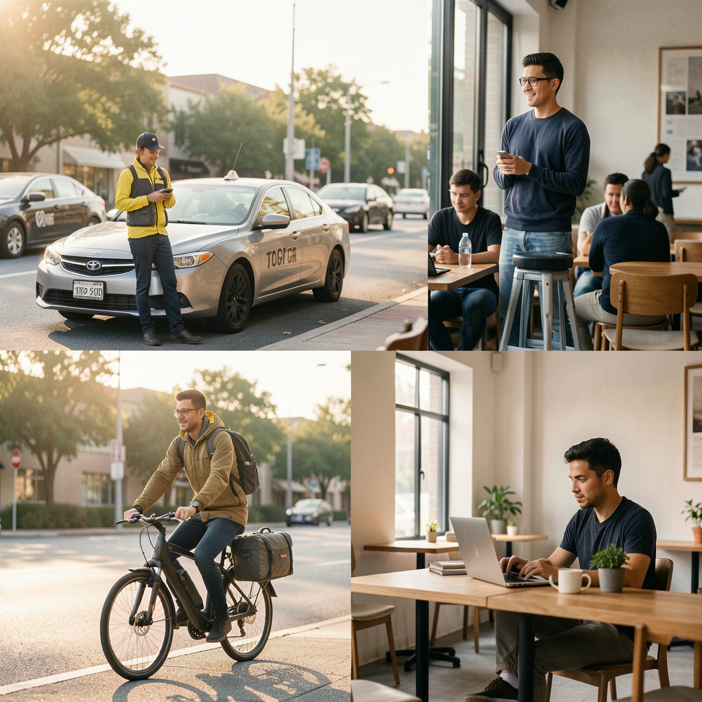 Rideshare driver waiting by car; Courier with delivery bag on e-bike; Freelancer at laptop in cafe
