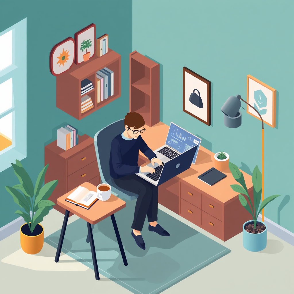 Isometric illustration of a side hustler entrepreneur