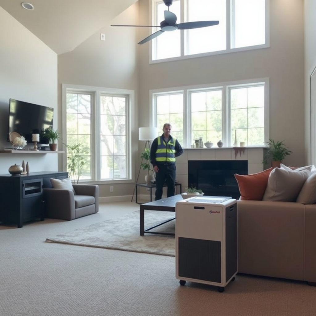 Modern living room after smoke event with odor-control equipment