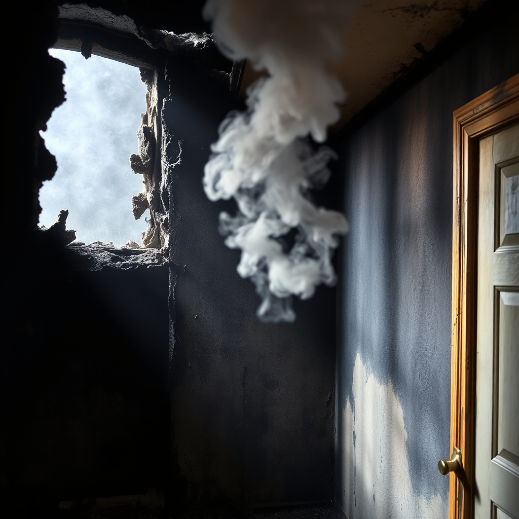 Interior of a home showing significant fire and smoke damage.