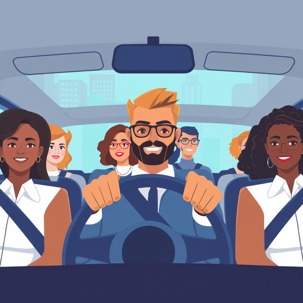 Illustration of rideshare drivers in city