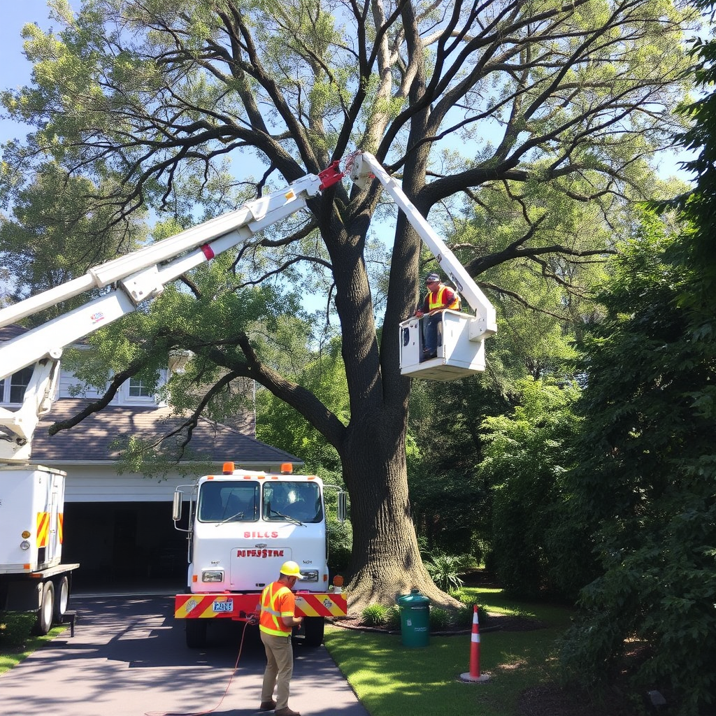 Professional crew removing large tree near driveway
