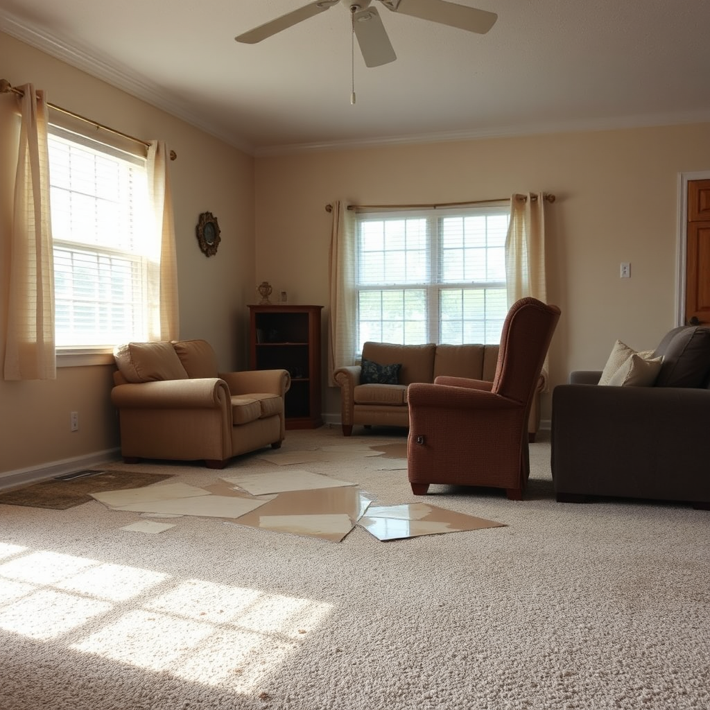 Living room with visible water damage on carpet and wall.