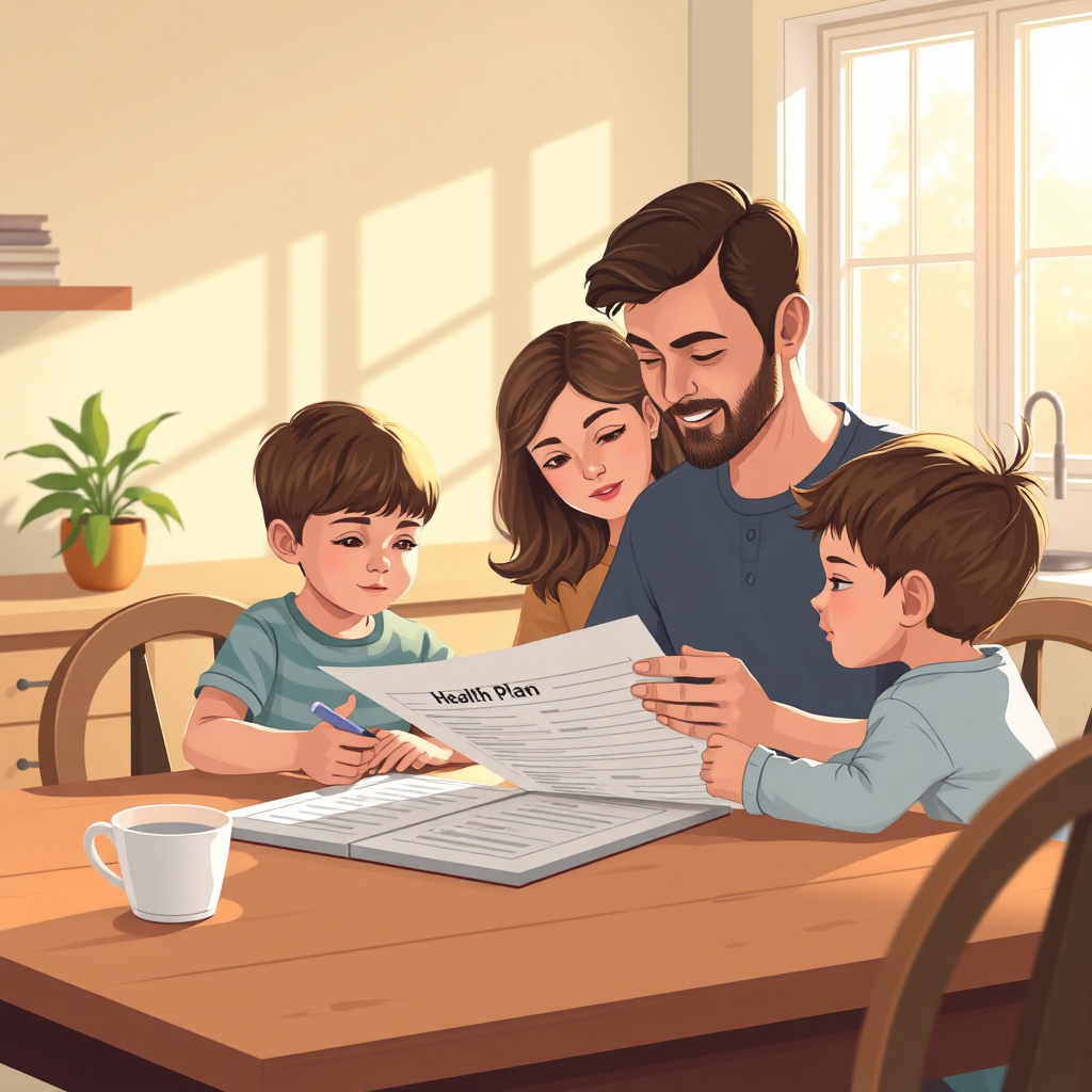 Parent and children discussing health coverage