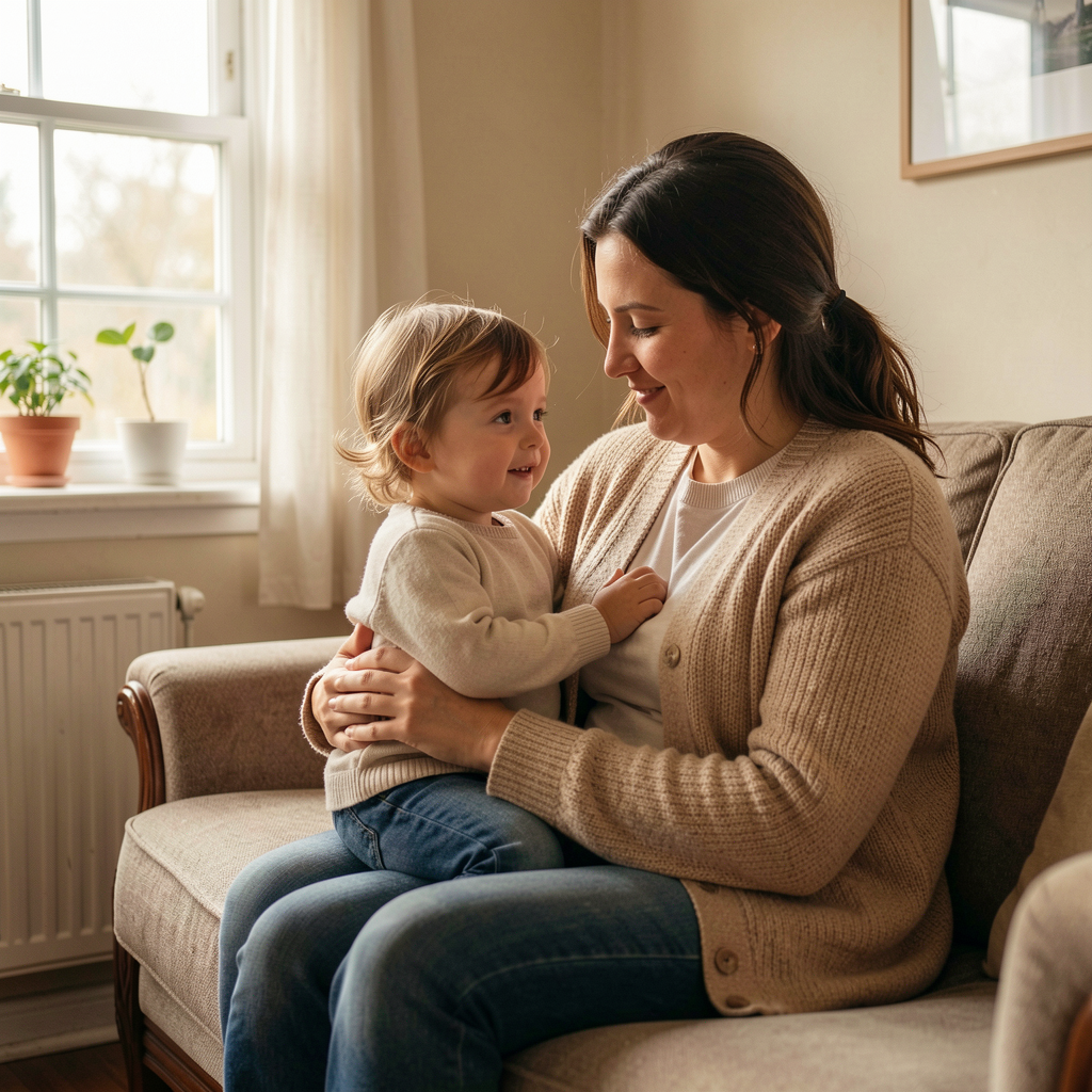 Parent and child at home, smiling
