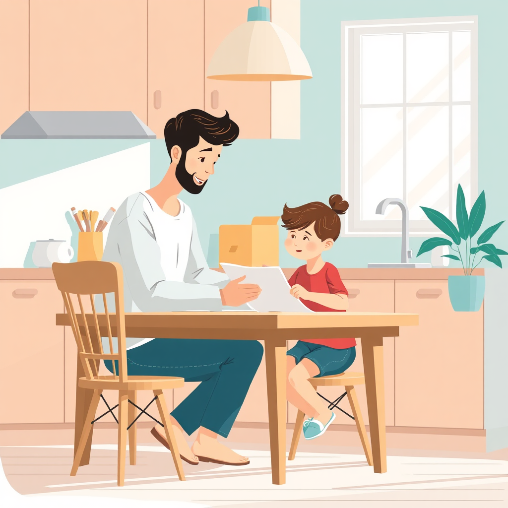 Single parent reviewing health coverage documents with child