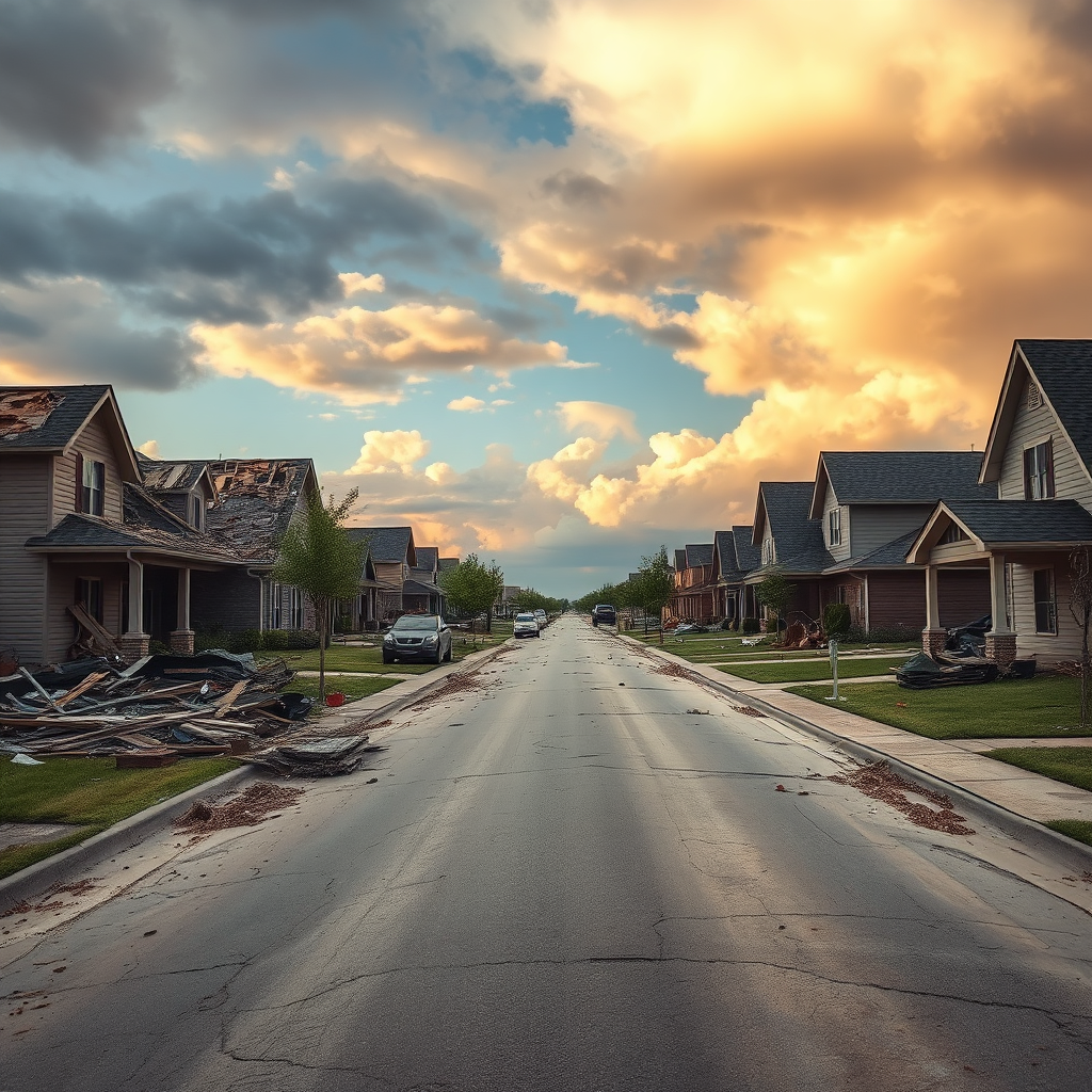 A residential street in Oklahoma showing tornado damage and debris