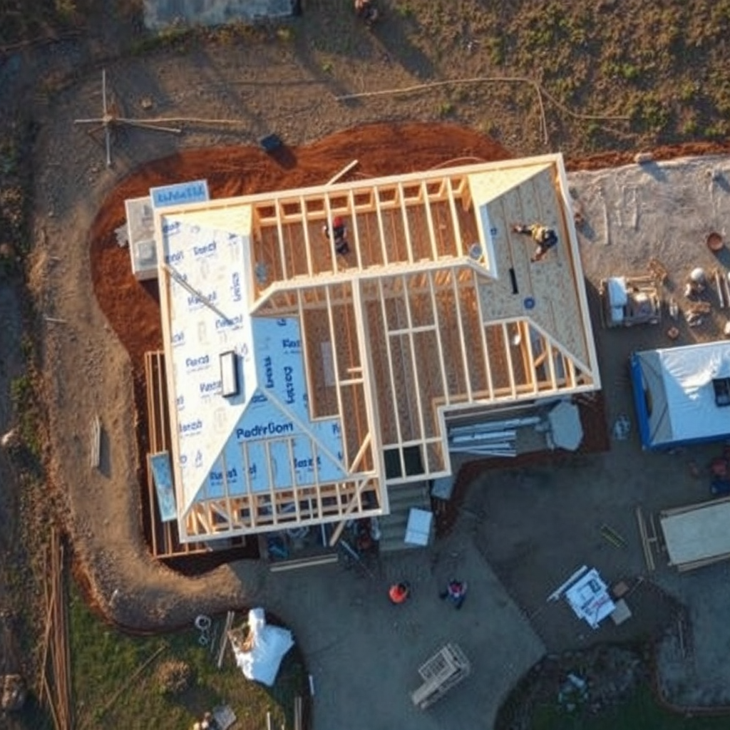 Construction site showing the framing of a new home.