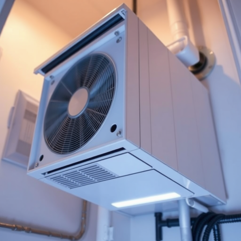 Modern HVAC system unit in a home's utility area.