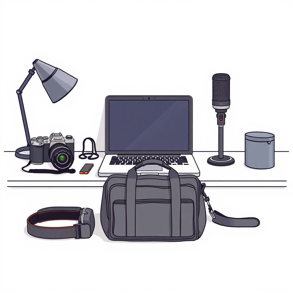 Gear inventory for gig workers showing laptop, camera, and bags