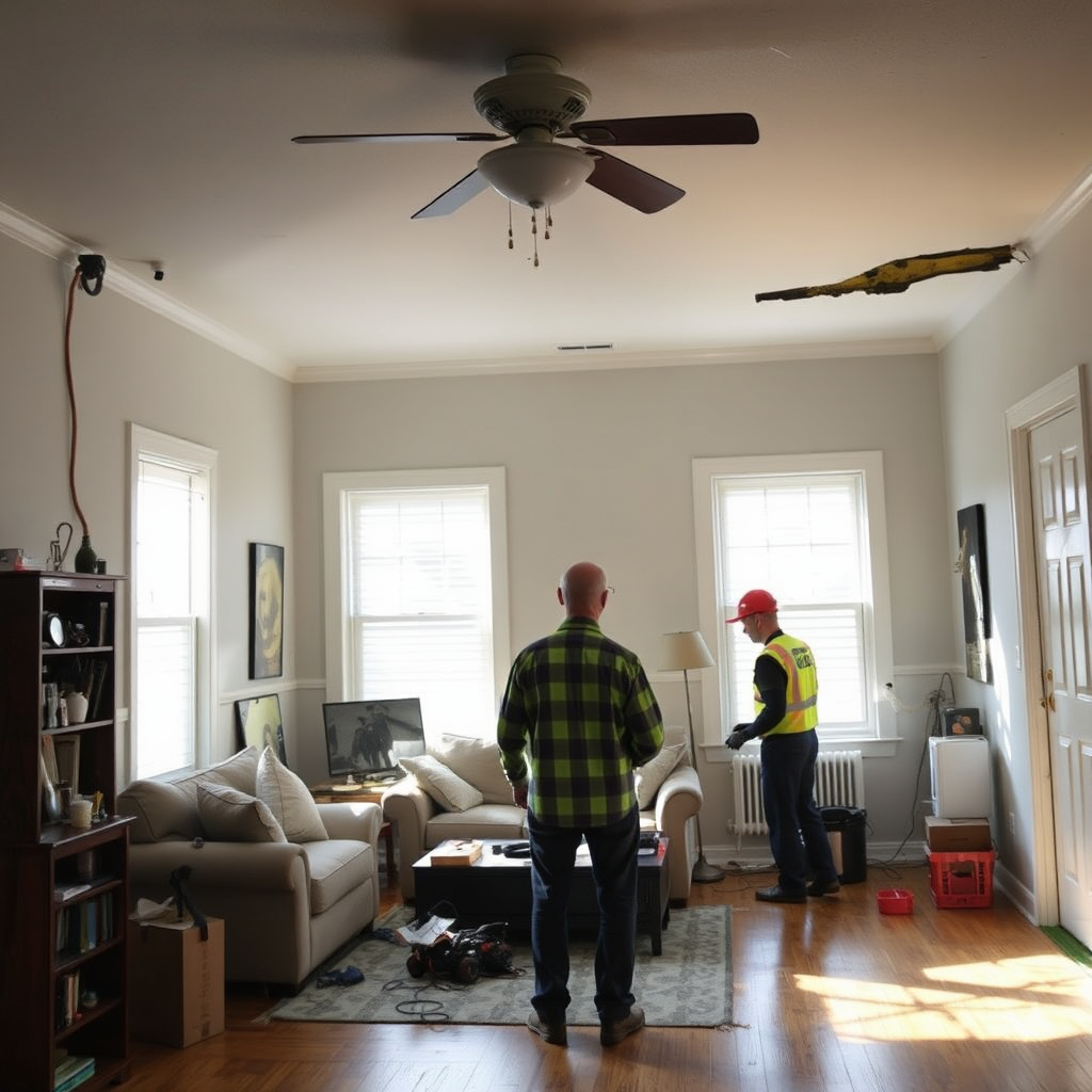 Homeowner assessing safety hazards after damage