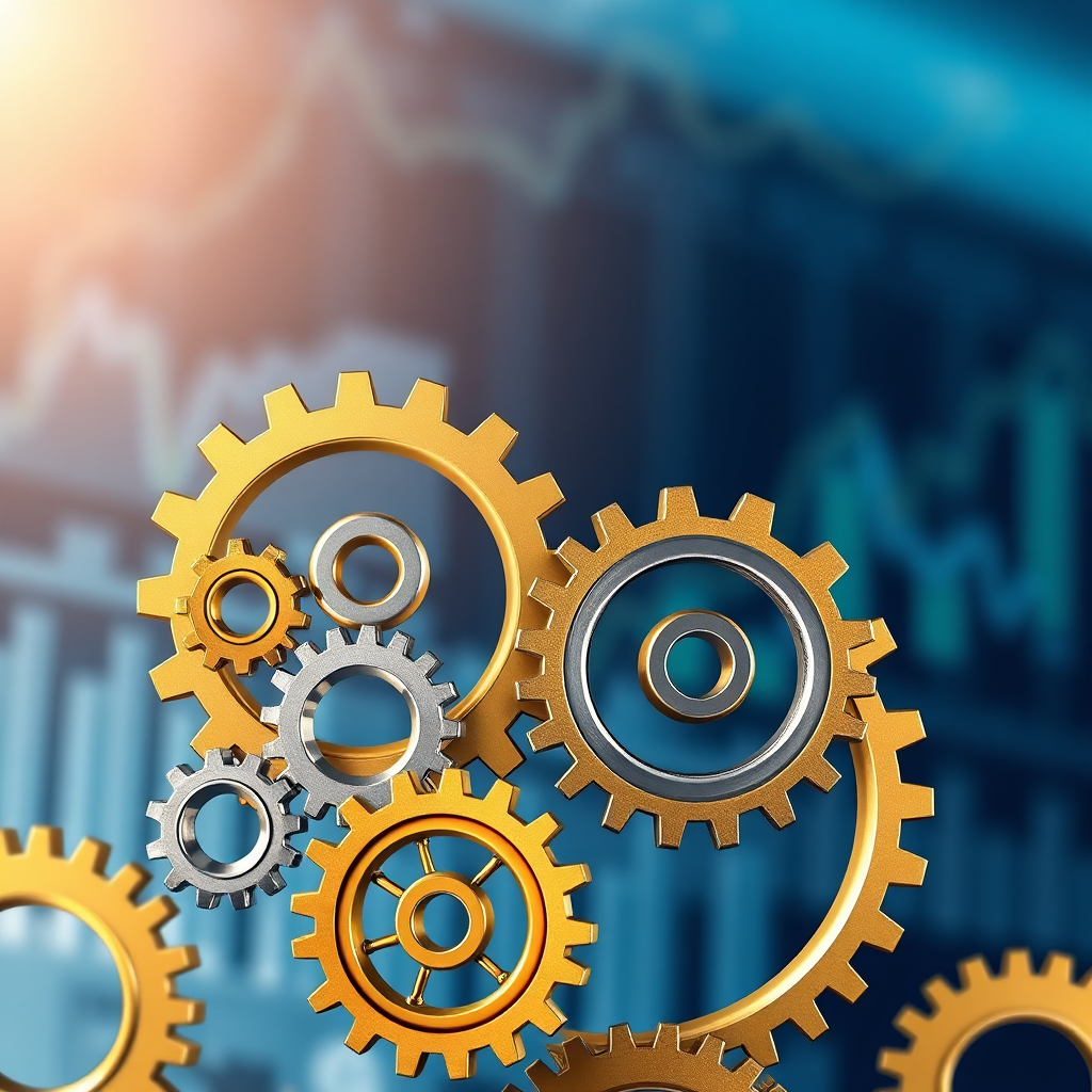Create a photorealistic 4K image representing the core values of Integer Business Solutions Inc. Visualize a strong, interconnected network of gears, each representing a different service: accounting, tax, consulting, financial reporting, and bookkeeping. The gears are made of polished gold and silver, interlocking seamlessly and spinning smoothly. Light should stream in from above, highlighting the intricate details of the gears and creating a sense of momentum and progress. The background is a blurred, abstract representation of financial data and charts, suggesting the complexity of the financial landscape. The color palette is professional and trustworthy, using blues, grays, and golds. Camera angle: slightly elevated to show the interconnectedness of the gears. Style: modern, stylized, and professional. High-quality rendering.