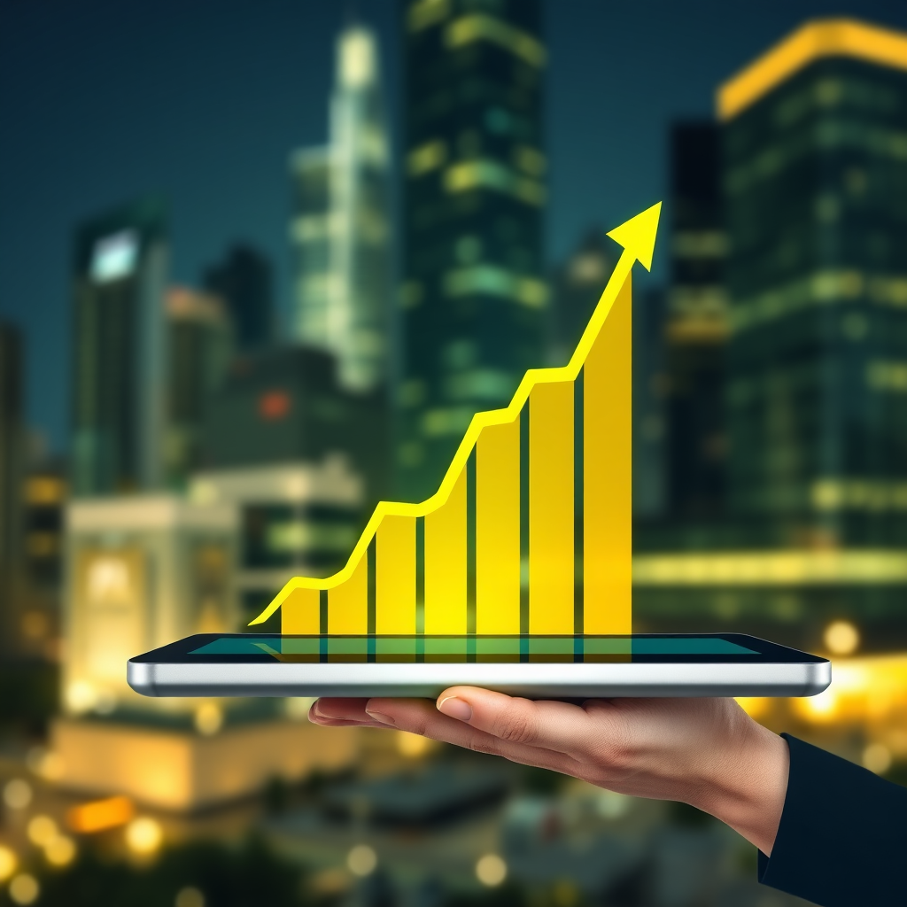 Create a photorealistic image depicting a graph showing a steep upward trend, symbolizing profit optimization. The graph is displayed on a modern touchscreen device. The background is a blurred cityscape, representing the business environment. The color palette is optimistic and energetic, using greens and yellows.