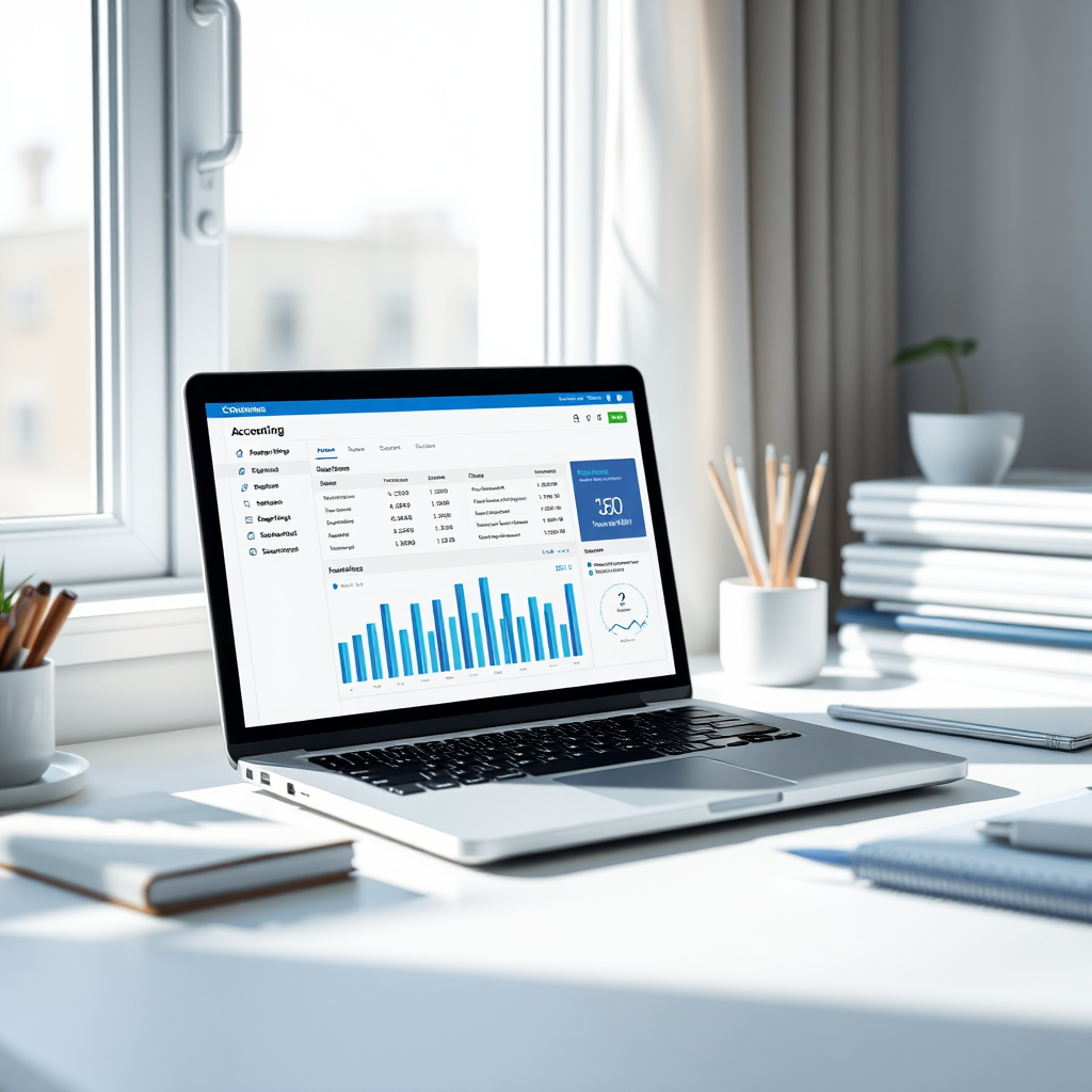 Create a photorealistic image depicting a neatly organized desk with a laptop displaying a clear and concise accounting dashboard. The desk is clean and uncluttered, symbolizing efficiency and organization. Soft, natural light streams in from a nearby window. The color palette is calm and professional, using blues and whites.