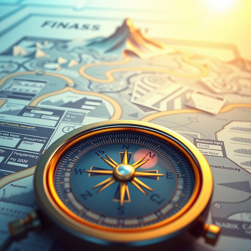 Create a photorealistic image of a compass pointing towards a distant mountain peak, symbolizing financial goals and strategic planning. The compass is set against a backdrop of a detailed financial roadmap, with winding paths representing different investment options. The lighting is warm and inviting, suggesting clarity and guidance. The color palette is predominantly blues and golds. Camera angle: slightly above to emphasize the scope of the roadmap.