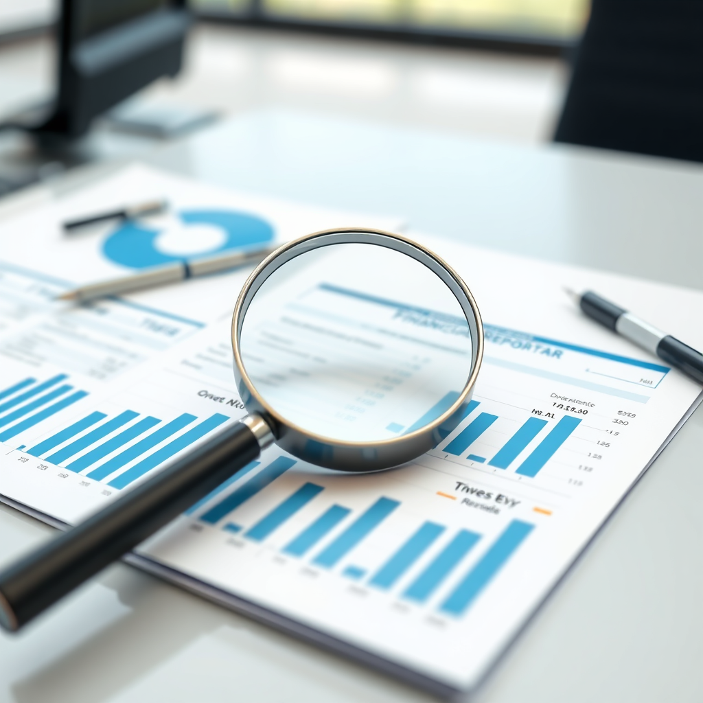 Create a photorealistic image depicting a set of financial reports laid out on a desk, with a magnifying glass highlighting key data points. The reports are neatly organized and easy to read. The background is a blurred office environment. The color palette is clear and informative, using blues and whites.
