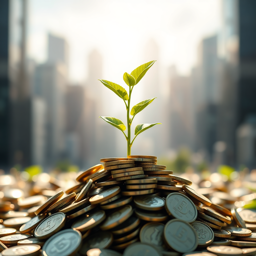 Create a photorealistic image showing a small plant growing from a pile of coins, symbolizing business growth and investment. The plant is vibrant and healthy, reaching towards the sunlight. The background is a blurred cityscape, representing the business environment. The color palette is vibrant and optimistic, using greens and golds.