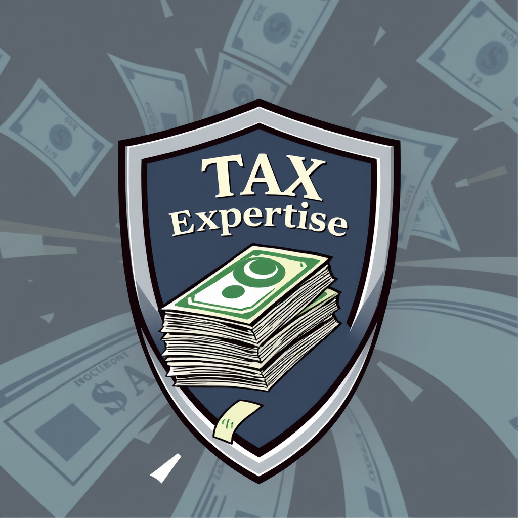 Create a stylized image depicting a shield protecting a stack of money from falling tax forms. The shield is emblazoned with the words 'Tax Expertise'. The background is a dynamic swirl of tax forms, representing the complexities of tax law. The color palette is serious and professional, using grays, blues, and greens.