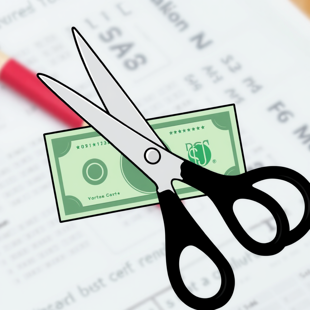 Create a stylized image of a pair of scissors cutting a dollar bill, symbolizing cost reduction. The scissors are sharp and precise, and the dollar bill is crisp and new. The background is a blurred representation of financial documents. The color palette is economical and efficient, using greens and grays.