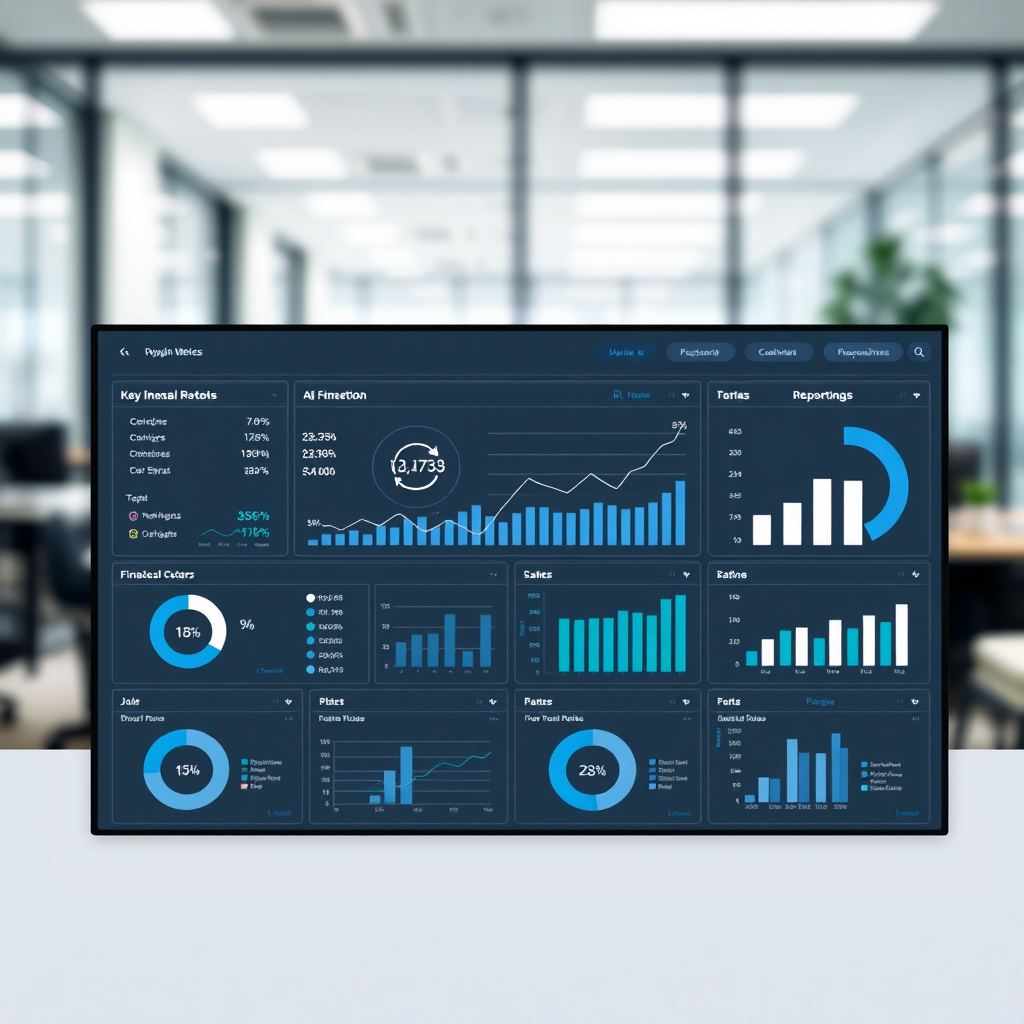 Create an image depicting a modern dashboard displaying key financial metrics and reports. The dashboard is clean and intuitive, with easy-to-read charts and graphs. The background is a blurred office environment, symbolizing the context of the reports. The color palette is informative and analytical, using blues, whites, and grays.