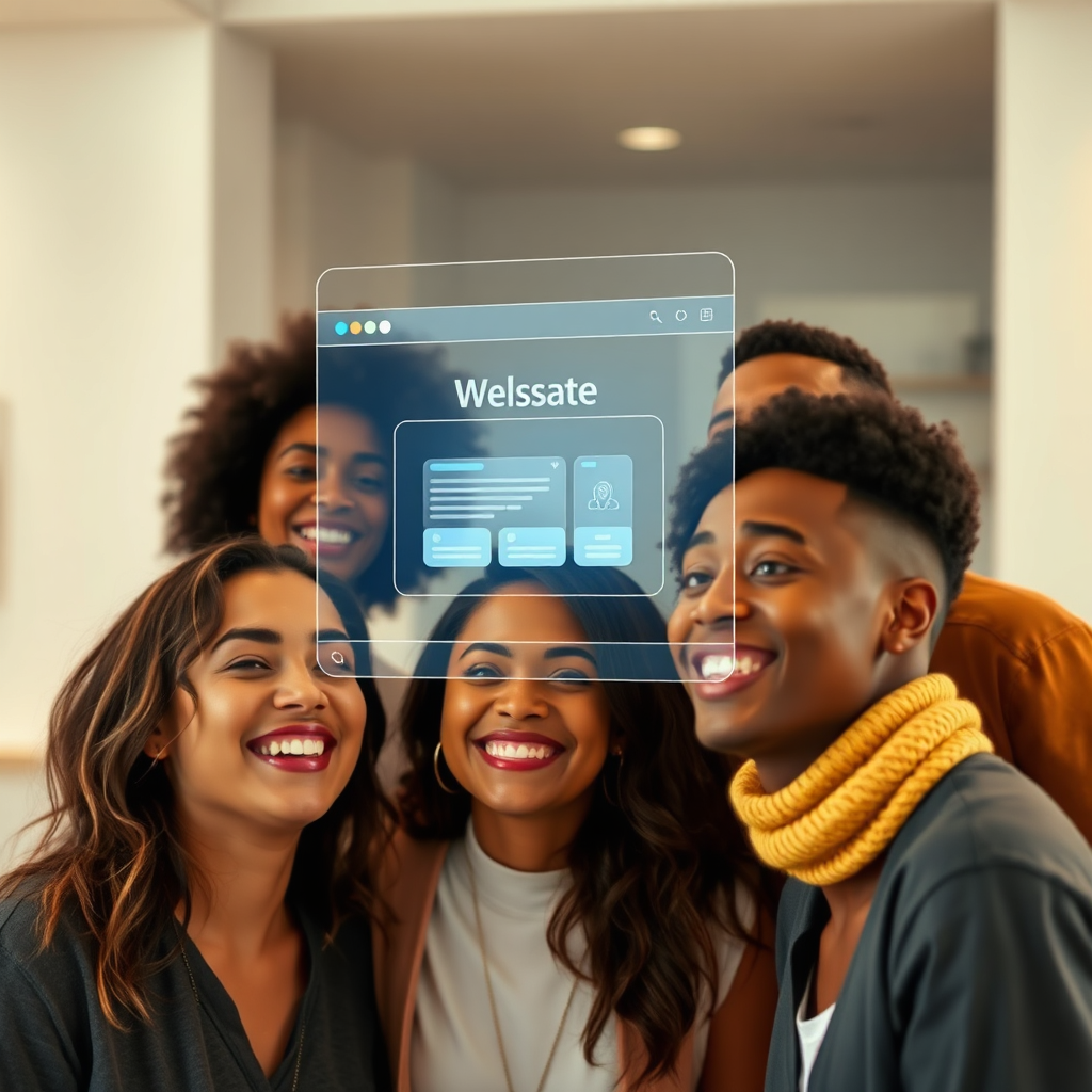 Imagine a diverse group of people interacting with a holographic interface that displays a user-friendly website. Their faces reflect expressions of joy and ease. The background should be a clean, modern environment. The color palette is warm and inviting, with soft lighting emphasizing the positive emotions. A medium shot captures the interaction between the users and the interface. Style is modern and minimalist, focusing on the seamlessness of the digital experience.