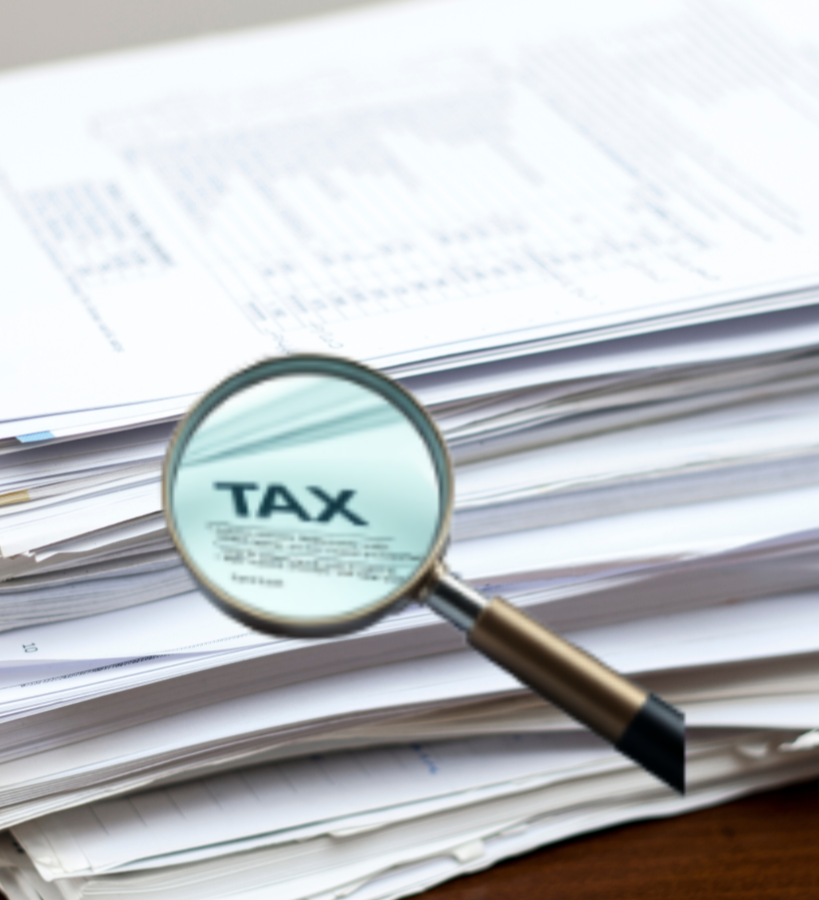 Create an image showcasing a meticulously organized stack of tax documents, symbolizing accurate and efficient tax preparation. A magnifying glass highlights a key section of the documents, emphasizing the attention to detail. The color palette is professional and trustworthy, using blues, grays, and greens.