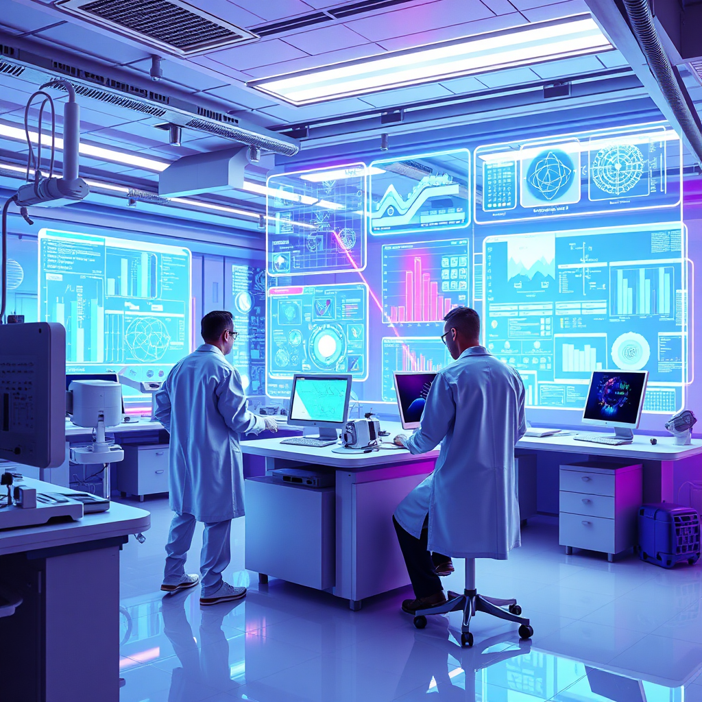 Visualize a futuristic laboratory where scientists are working on advanced digital projects. Holographic displays show complex algorithms and data visualizations. The environment is clean and high-tech, with neon accents highlighting the innovative nature of the work. The color palette is predominantly blue and purple, conveying intelligence and creativity. A wide shot captures the dynamic energy of the lab. Style is futuristic and sleek, emphasizing the cutting-edge technology.