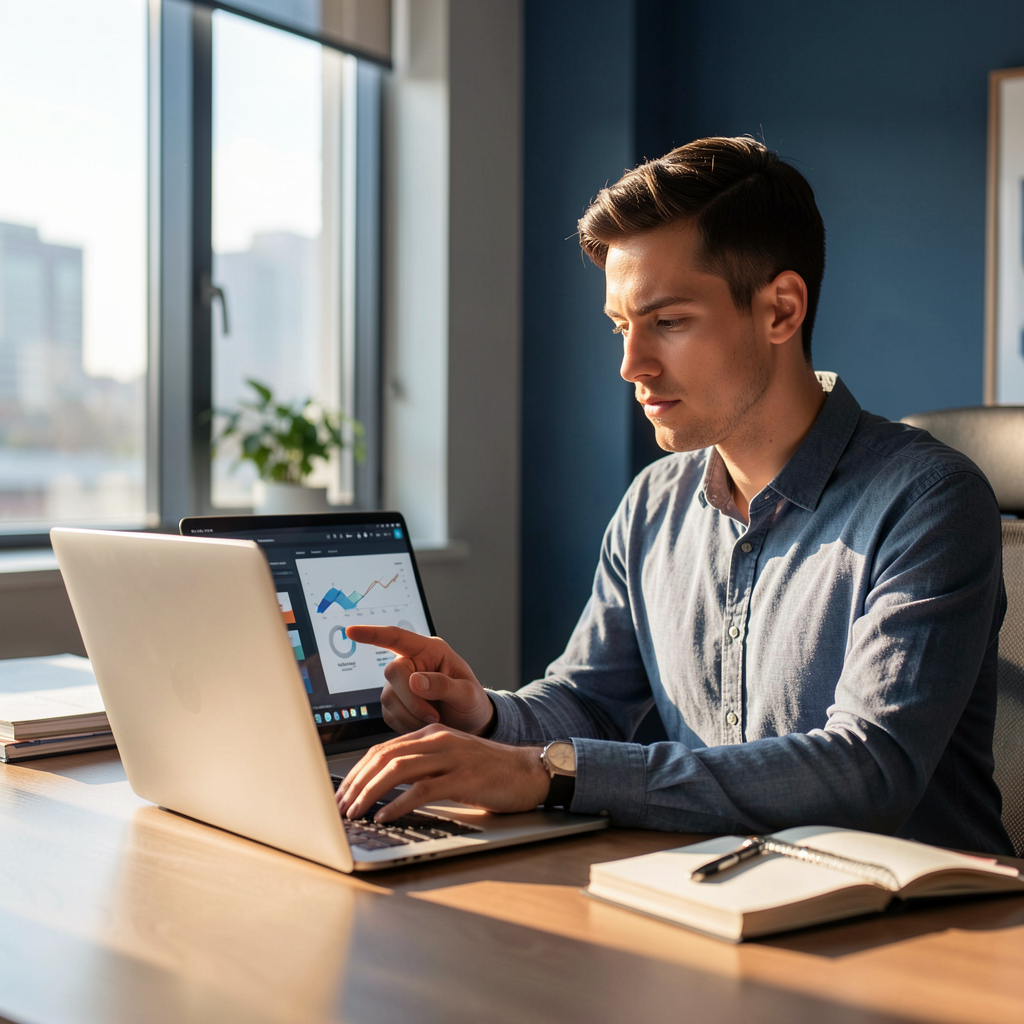 Professional engaged in online digital learning on a laptop in a modern workspace