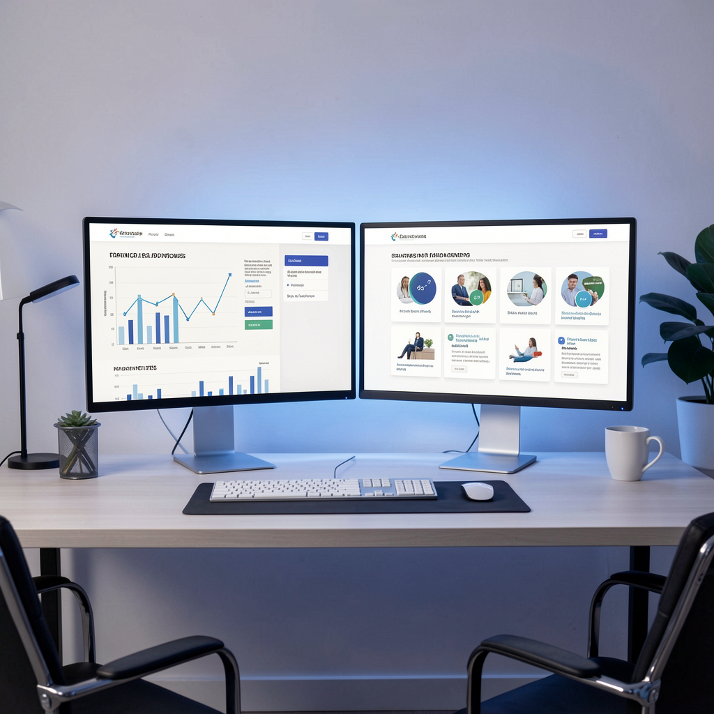 Clean modern workspace displaying professional educational modules on computer screens