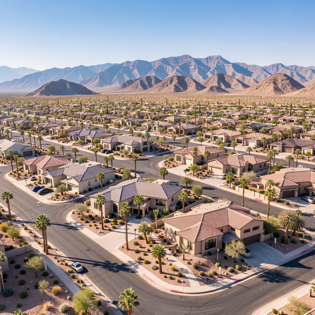 Sunrise Manor community landscape with mountain backdrop