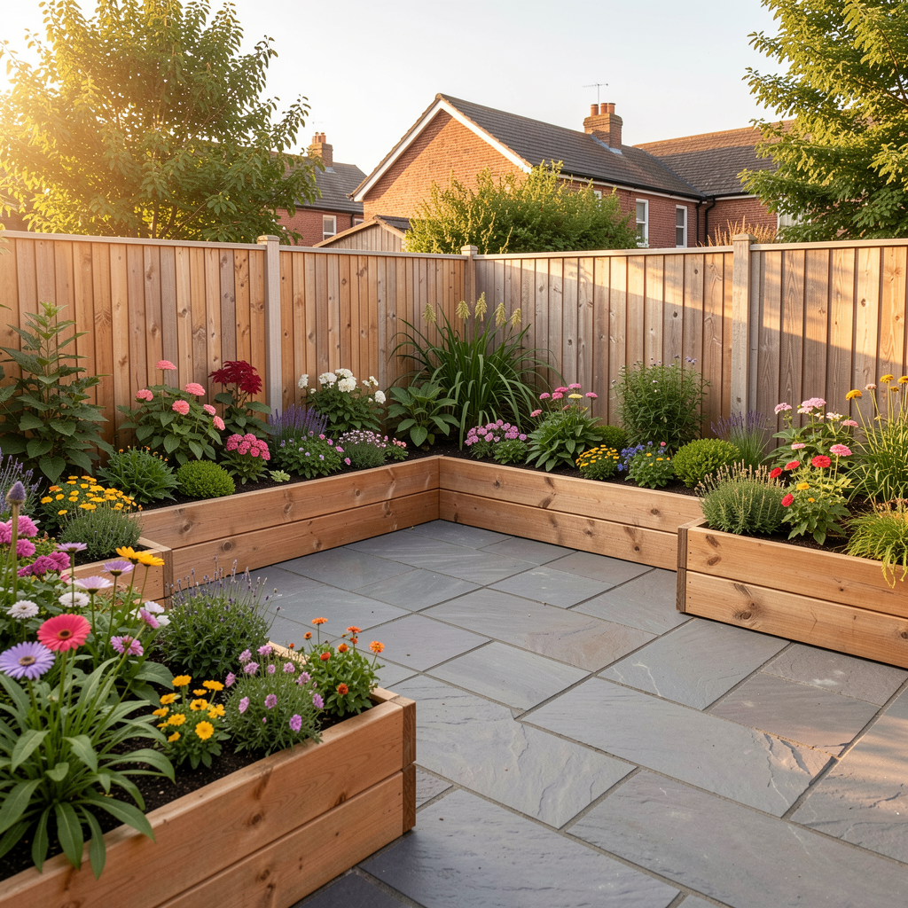 After a garden makeover: elegant stone patio, raised beds, and new fence.