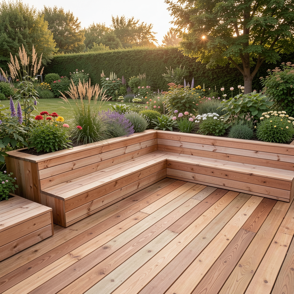 Custom wooden deck with seating in a garden.