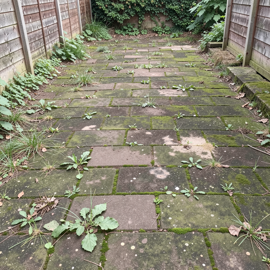 Before driveway cleaning: mossy block paving.