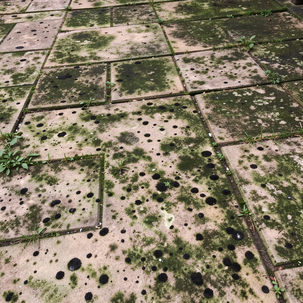 Before patio cleaning: a dirty, moss-covered sandstone patio.