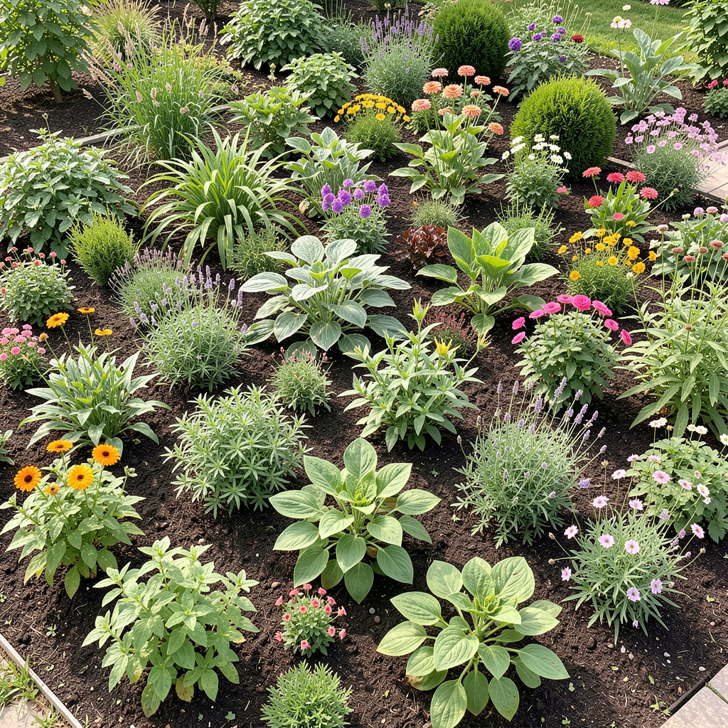 Diverse and colorful garden bed with various plants.