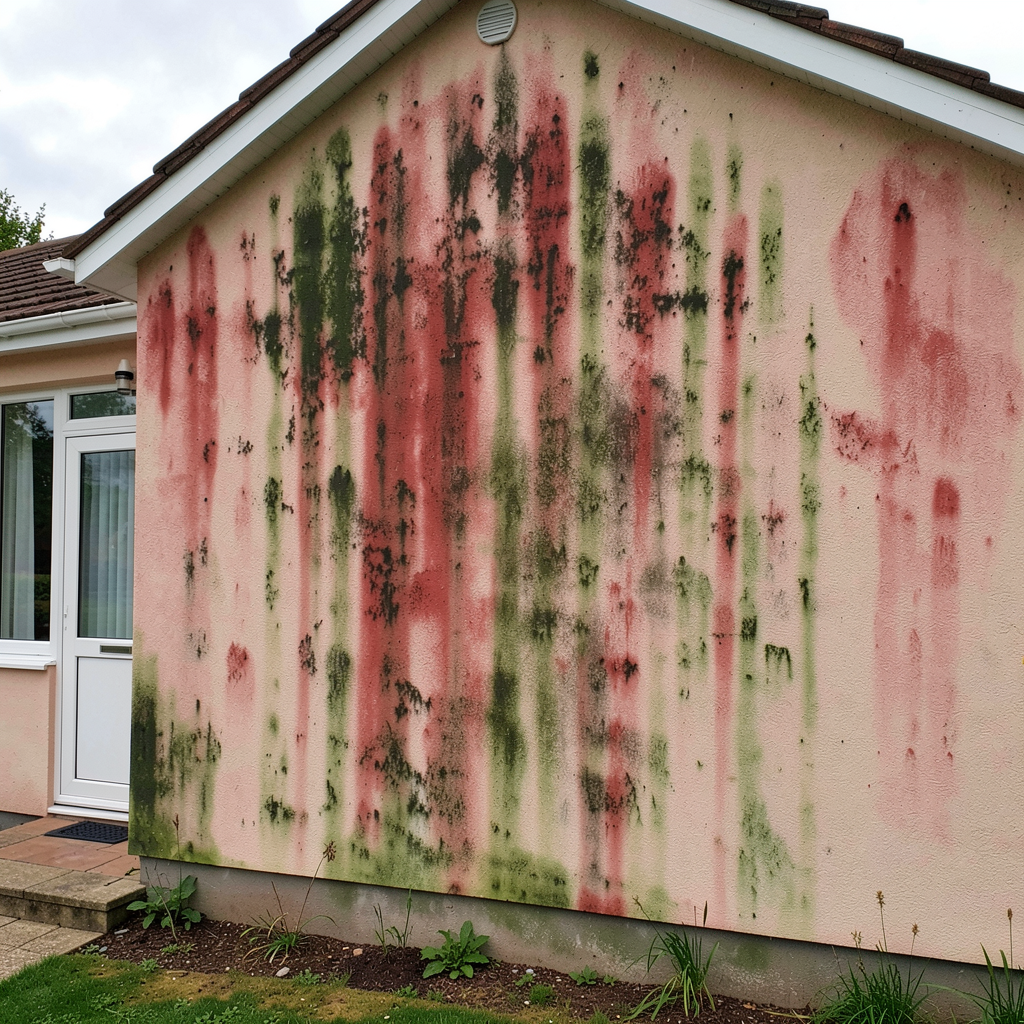 Before render cleaning: algae stained walls.