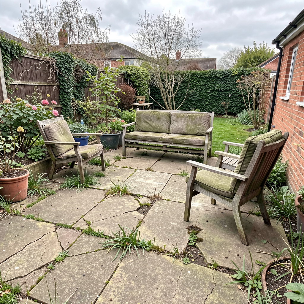 Before a garden renovation: a messy, old concrete patio.
