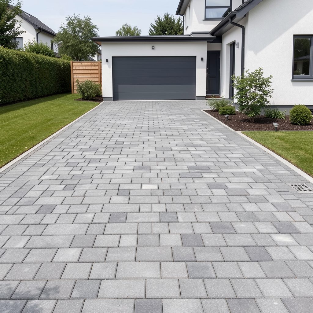Pristine block paved driveway.