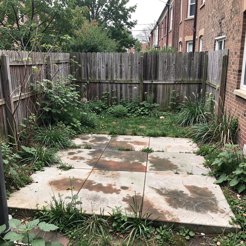 Before a garden makeover: unkempt backyard with old concrete patio.