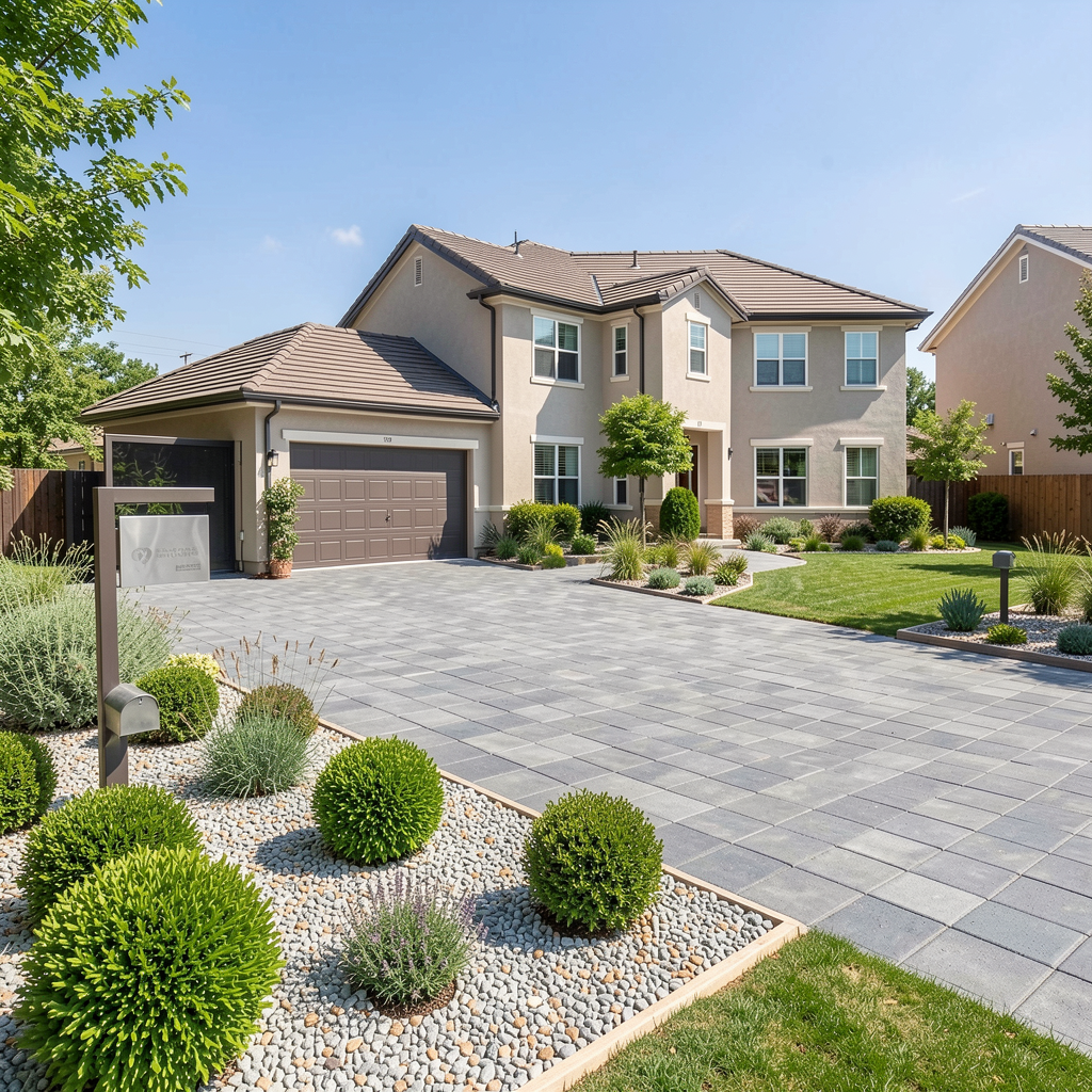 After a driveway remodel: new block paving and landscaped front garden.