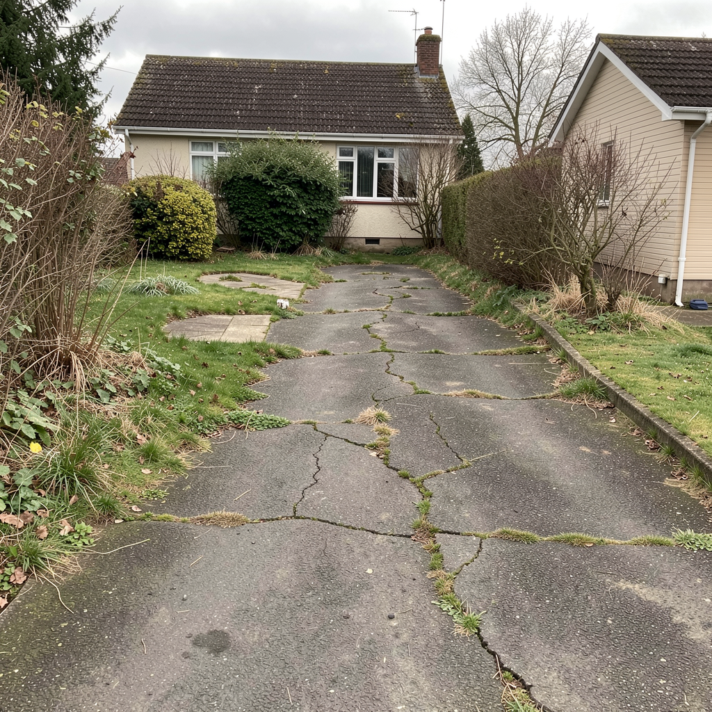 Before a driveway remodel: cracked tarmac and neglected garden.