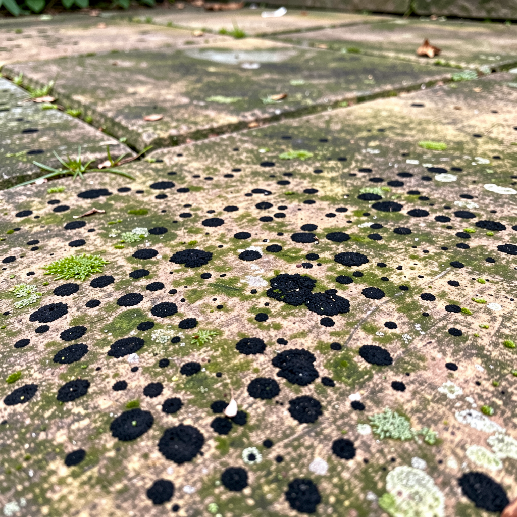Heavily contaminated patio surface showing algae and black spot