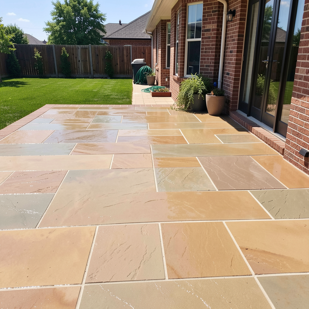 After patio cleaning: a pristine, restored sandstone patio.