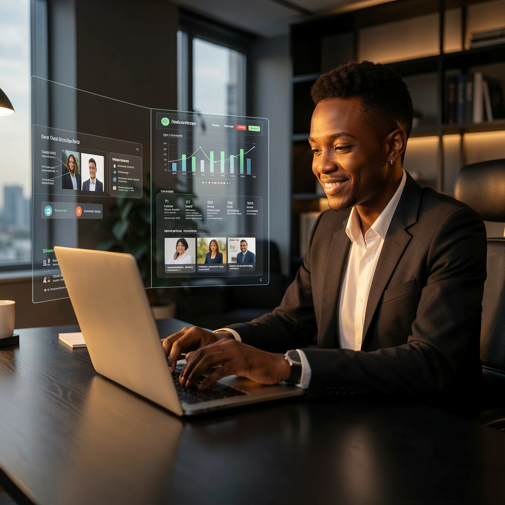 Business owner managing digital marketing on a laptop