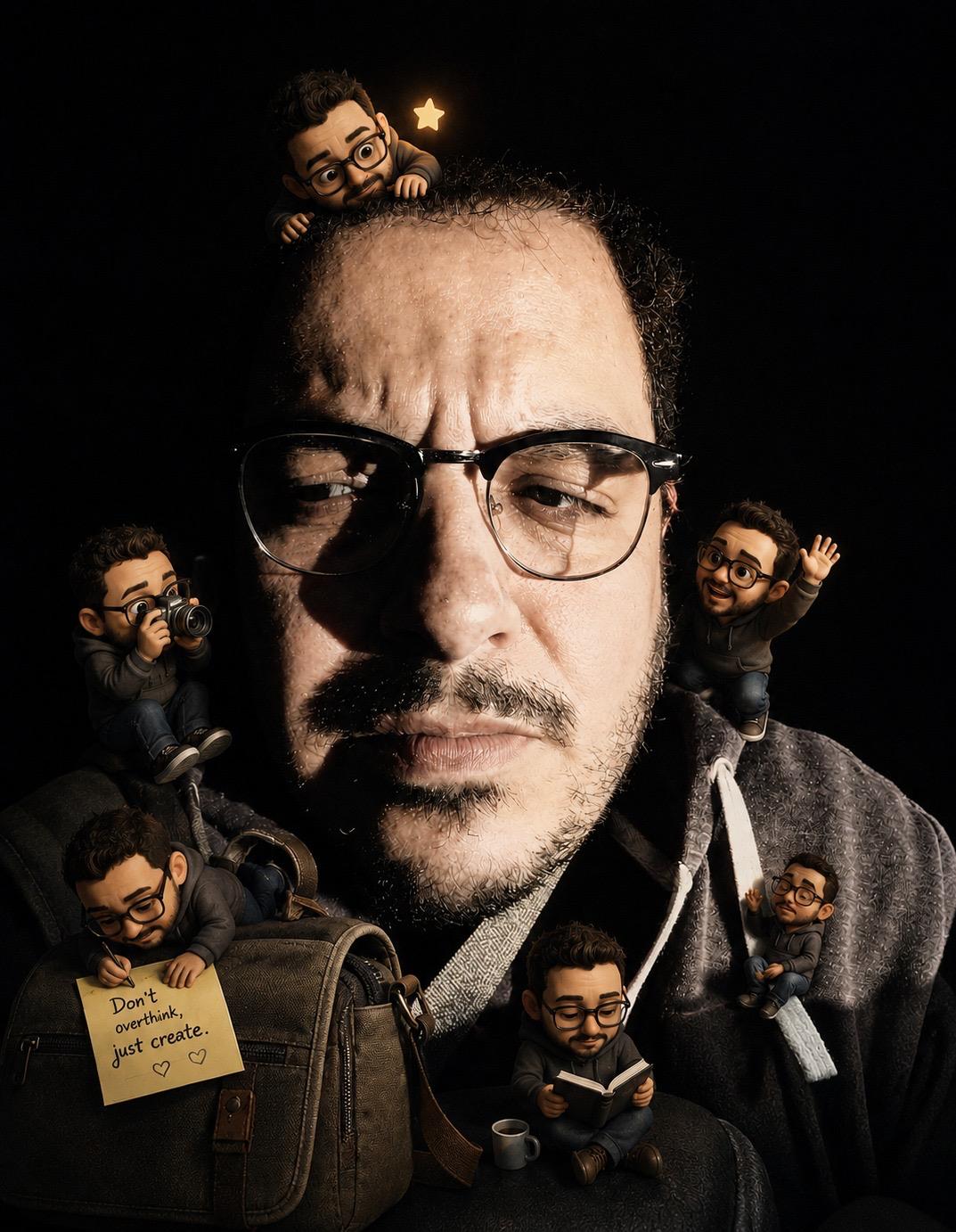 Independent Muslim Canadian filmmaker portrait with creative miniature avatars