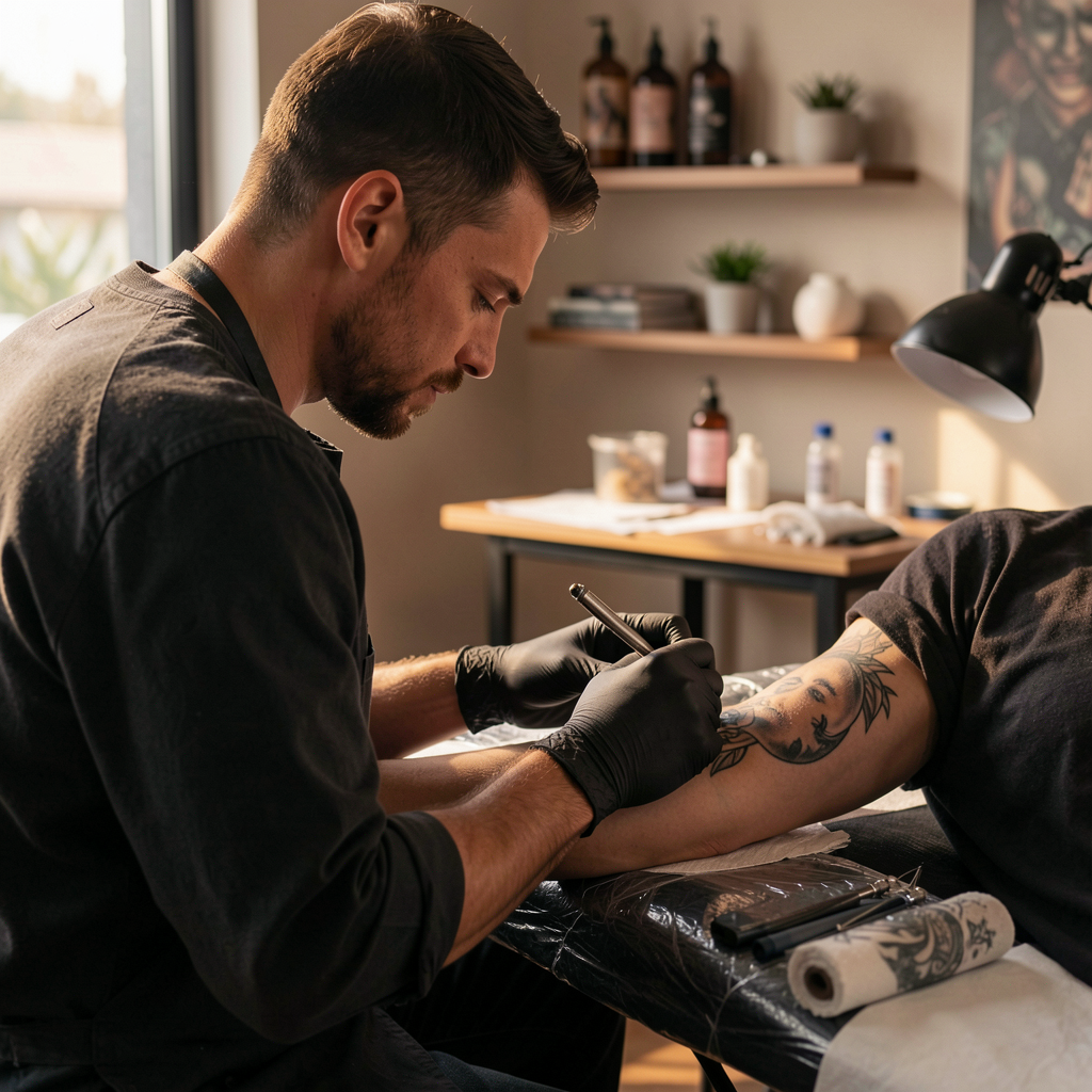 Tattoo artist working with a client in a professional studio