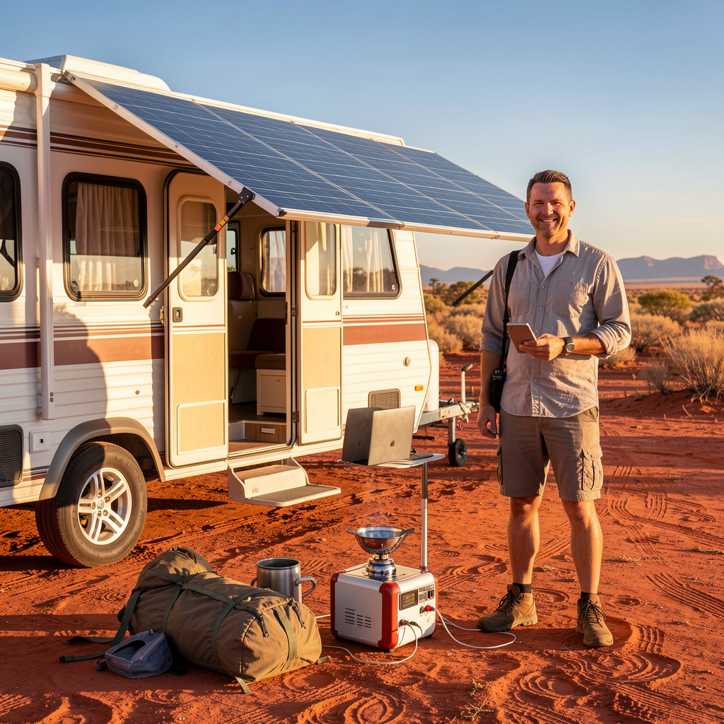 Australian outback camping with portable power station
