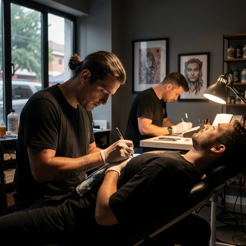 Tattoo artist focused on a studio session