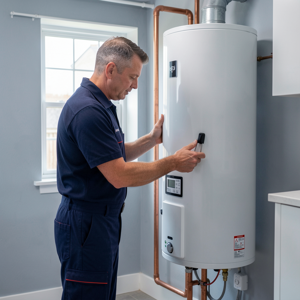 Technician inspecting a water heater
